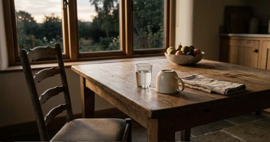 A quiet morning table set for a fasted lab draw, with a glass of water in early daylight