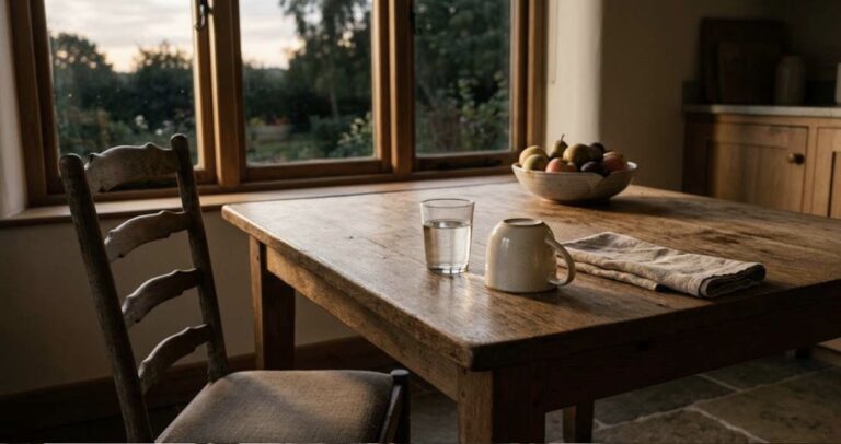 A quiet morning table set for a fasted lab draw, with a glass of water in early daylight