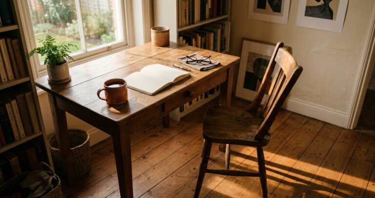 n empty home desk in late light, chair pushed back and tea gone cold, evoking a paused afternoon