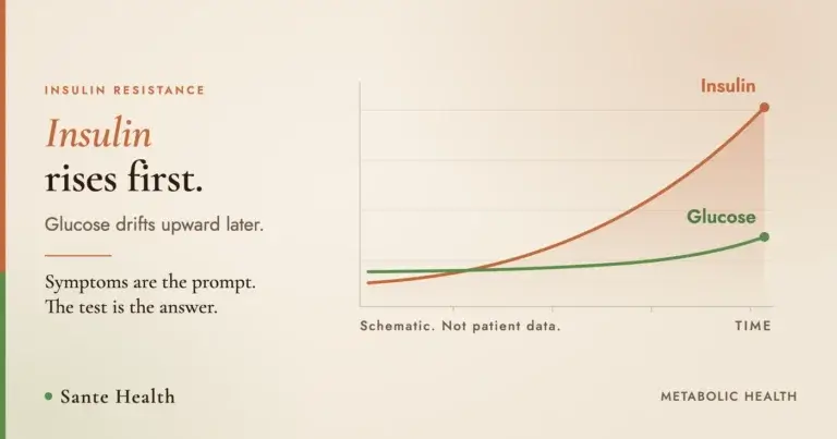 Schematic chart showing insulin rising steeply while glucose drifts up later, labelled as not patient data